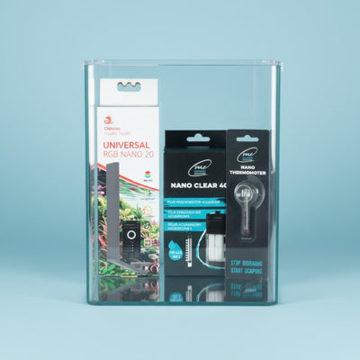 ME Aquaristic 30L rimless glass aquarium starter kit with Chihiros RGB LED light, Nano filter and thermometer included