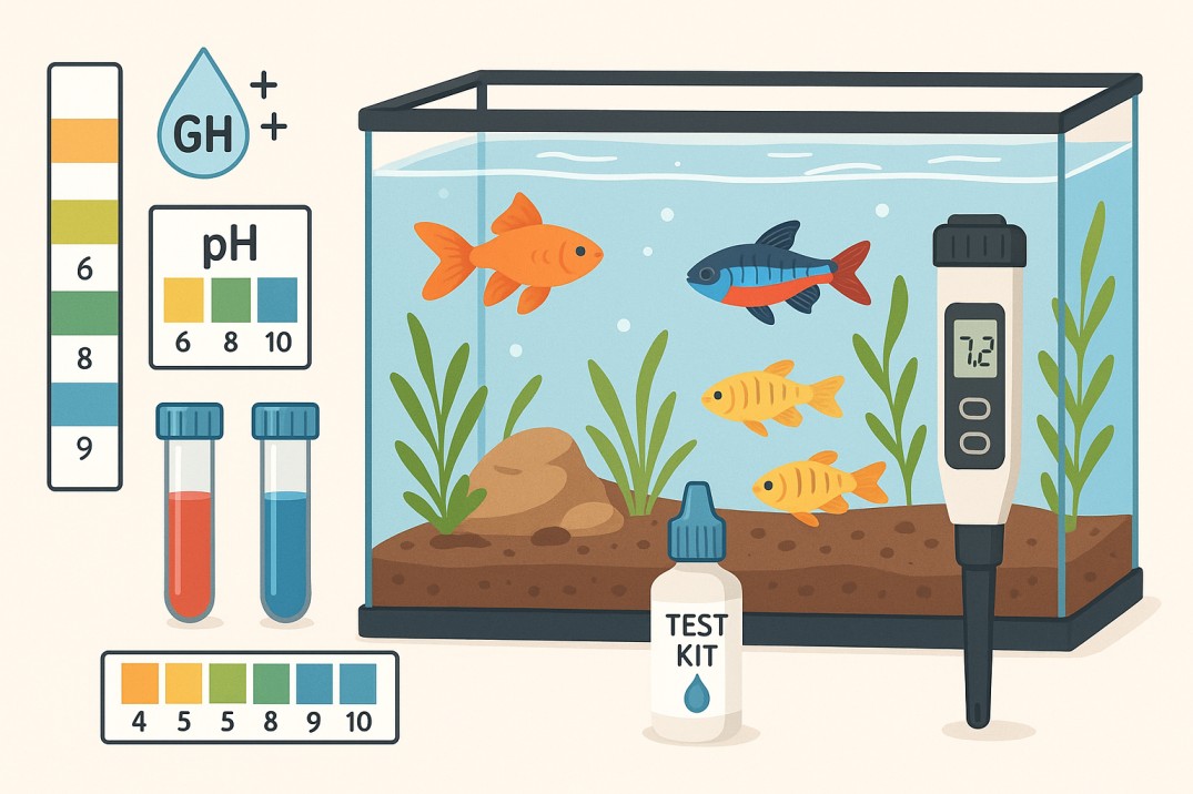 Aquarium water parameter testing guide showing pH test strips, GH KH test kits, and healthy fish in clear water for beginners
