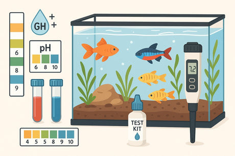 Aquarium water parameter testing guide showing pH test strips, GH KH test kits, and healthy fish in clear water for beginners