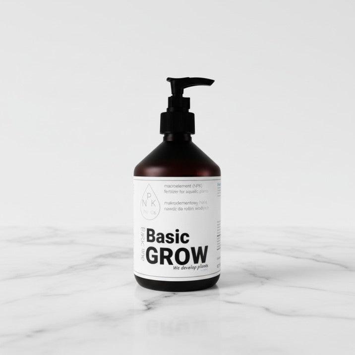 Basic GROW NPK macroelement fertilizer - two amber bottles with pump dispensers for aquatic plant nutrition