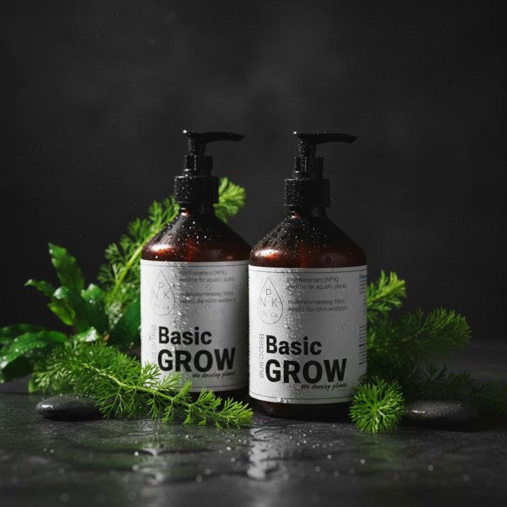 Basic GROW NPK macroelement fertilizer - two amber bottles with pump dispensers for aquatic plant nutrition