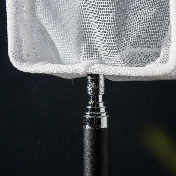 Close-up of Chihiros Fish Net telescopic handle connection with metal joint and fine mesh net