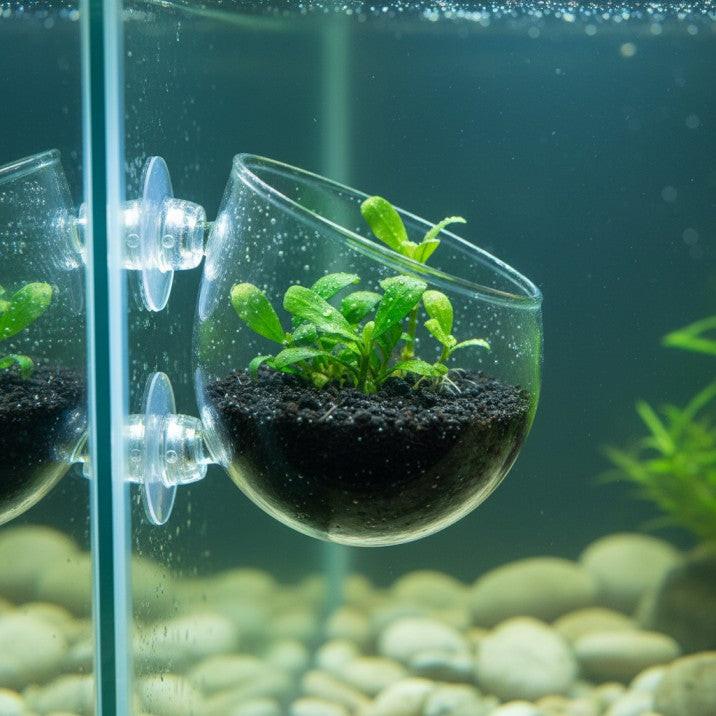 Glass aquarium plant vase for premium aquascaping with aquatic plants rooted in substrate mounted on tank glass