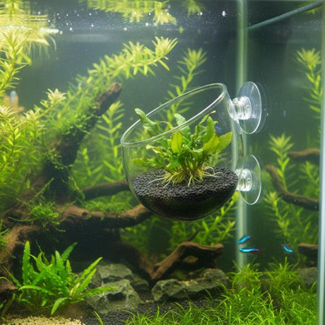 Glass aquarium plant vase mounted on tank glass with Bucephalandra plant growing inside underwater