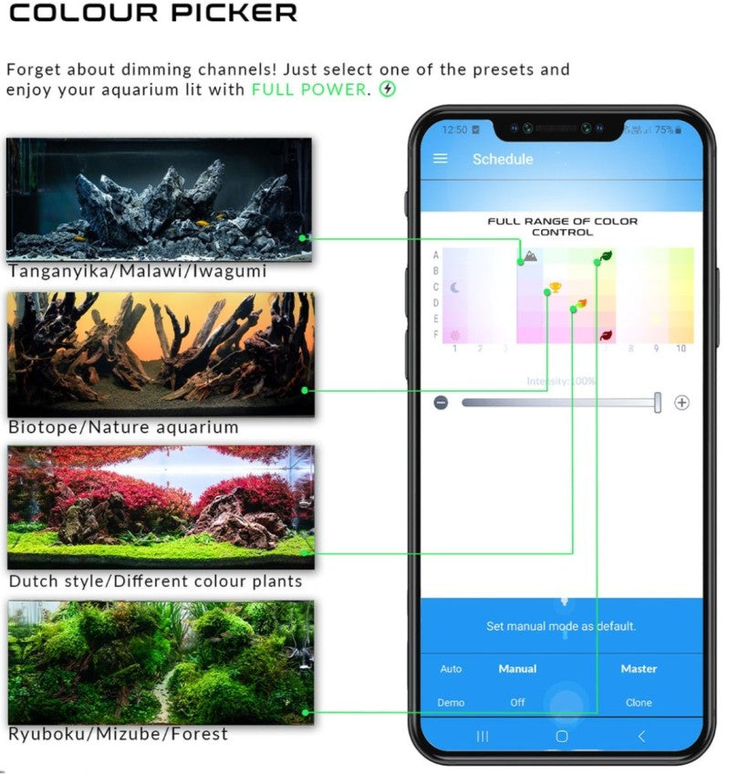 Skylight FXS15 NH. LED colour picker app showing full range color control for different aquascaping styles - Tanganyika, biotope, Dutch style and Ryuboku aquariums