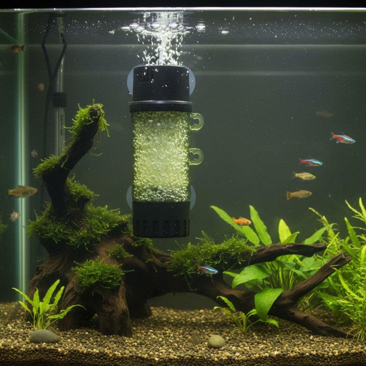 Ziss ZB-200 Moving Bed Filter mounted in aquarium with bubbles and bio media tumbling for biological filtration