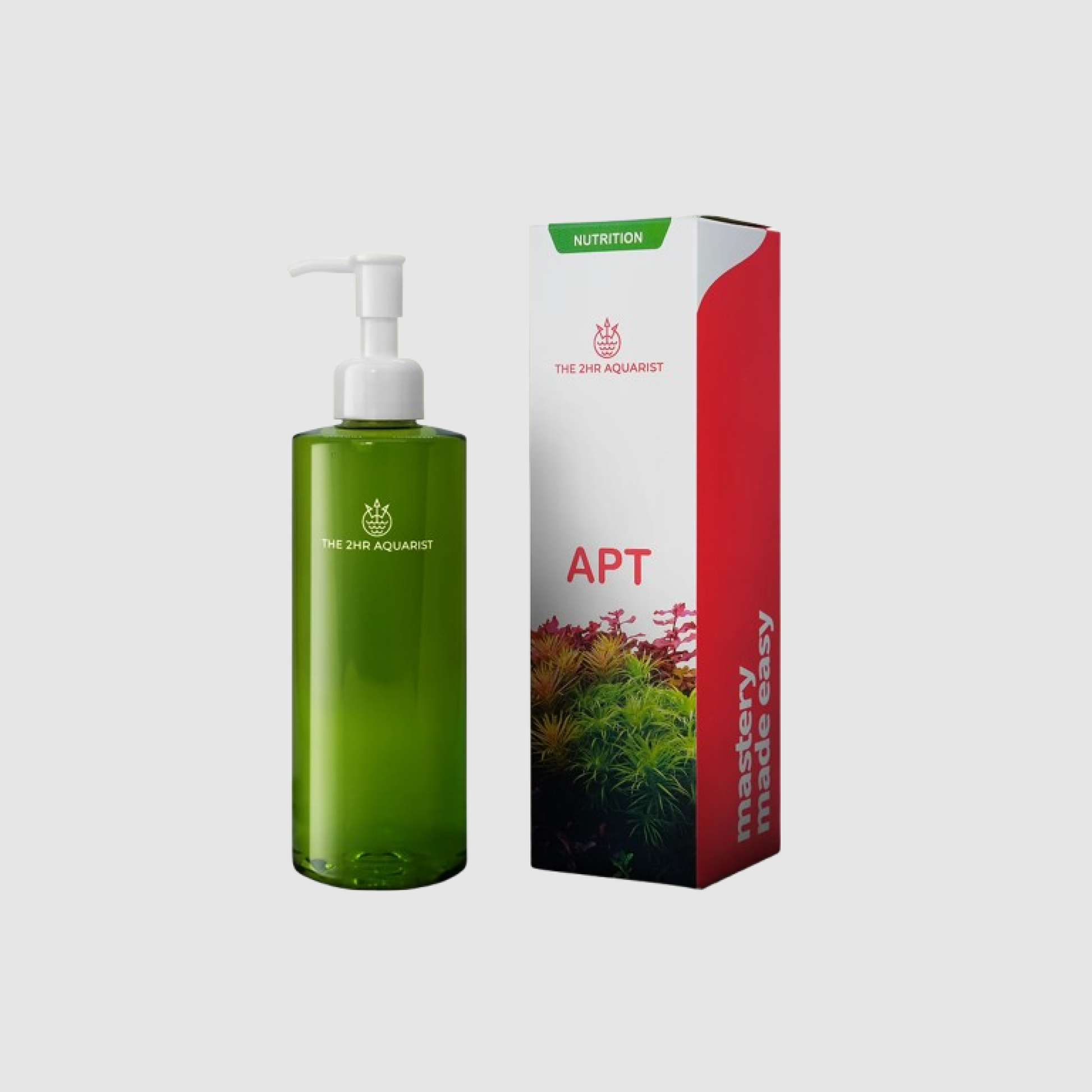 Green liquid bottle with pump next to its red and white product box labeled 2Hr Aquarist APT 1 - Aquarium Boutique