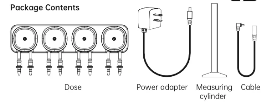 Package contents diagram for the Chihiros 4-Channel Dosing Pump showing the dosing unit, power adapter, measuring cylinder, and cable