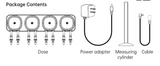 Package contents diagram for the Chihiros 4-Channel Dosing Pump showing the dosing unit, power adapter, measuring cylinder, and cable