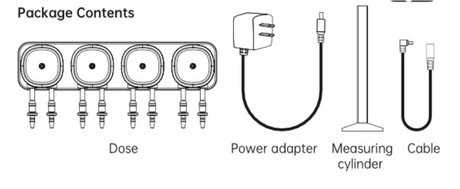 Package contents diagram for the Chihiros 4-Channel Dosing Pump showing the dosing unit, power adapter, measuring cylinder, and cable