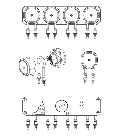 Technical line drawing of the Chihiros 4-Channel Dosing Pump showing the full unit, an exploded view of a single dosing head, and the mounting base